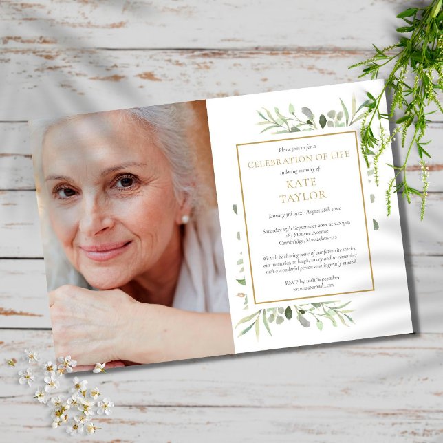 Elegant Greenery Celebration of Life Photo Invitation (Creator Uploaded)