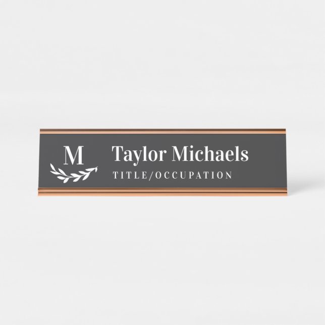 Elegant Greenery Charcoal White Monogram & Name Desk Name Plate (Front)