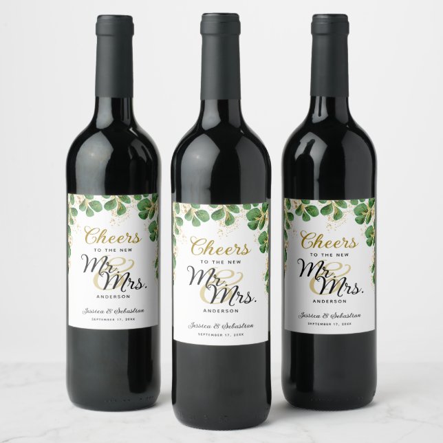 Elegant Greenery Cheers to Mr and Mrs Wedding Wine Label (Bottles)
