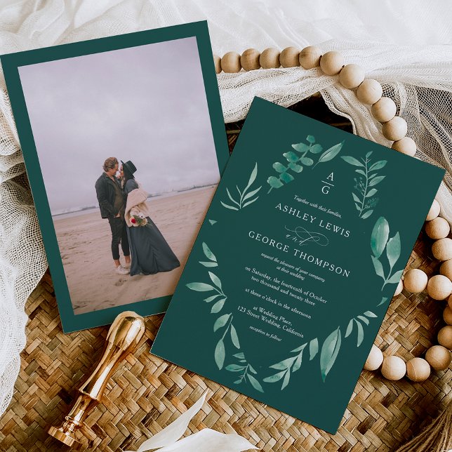 Elegant greenery chic watercolor photo wedding invitation (Creator Uploaded)