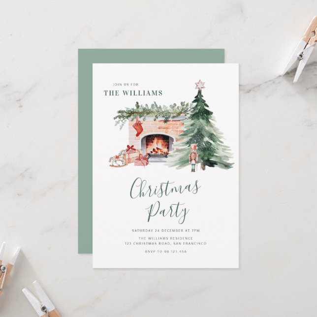 Elegant Greenery Christmas Party Invitation (Front/Back In Situ)