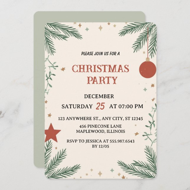 Elegant Greenery Christmas Party Invitation Card (Front/Back)