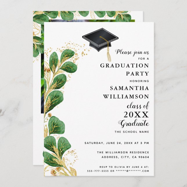 Elegant Greenery Class of 2025 Photo Graduation Invitation (Front/Back)
