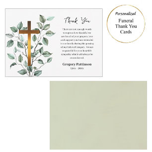 Elegant Greenery Copper Cross Catholic Funeral Thank You Card