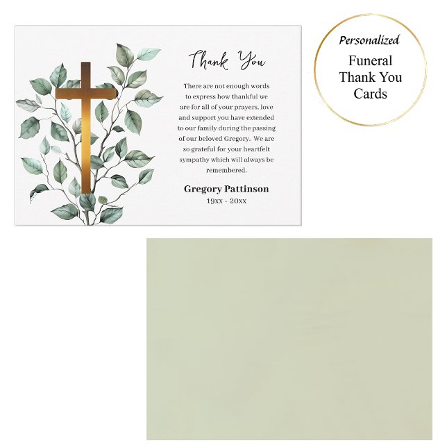 Elegant Greenery Copper Cross Catholic Funeral Thank You Card (Creator Uploaded)