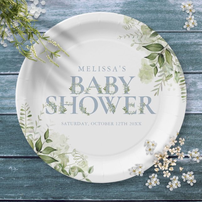 Elegant Greenery Dusty Blue Baby Shower Paper Plate (Elegant Greenery Dusty Blue Baby Shower Paper Plates)