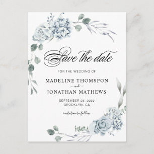 Elegant Greenery Dusty Blue Floral Save the Date Announcement Postcard