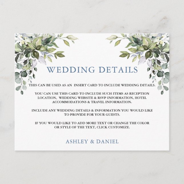Elegant Greenery Dusty Blue Wedding Details Card (Front)