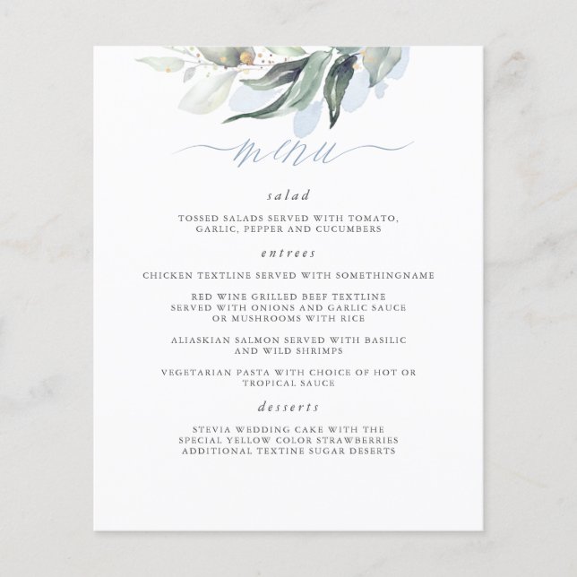 Elegant Greenery Dusty Blue Wedding Menu (Front)