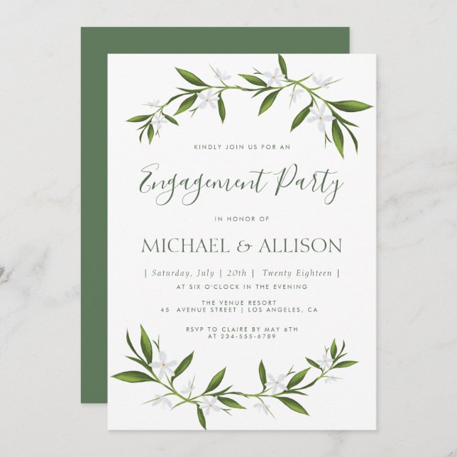 Elegant greenery engagement party invitation (Front/Back)
