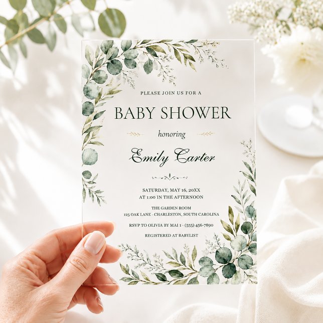 Elegant Greenery Eucalyptus Baby Shower Acrylic Invitations (Creator Uploaded)