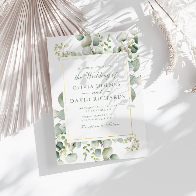 Elegant Greenery Eucalyptus Botanical Wedding Gold (Elegant Greenery Eucalyptus Botanical Wedding Gold Foil Invitation on a sunny white table.)
