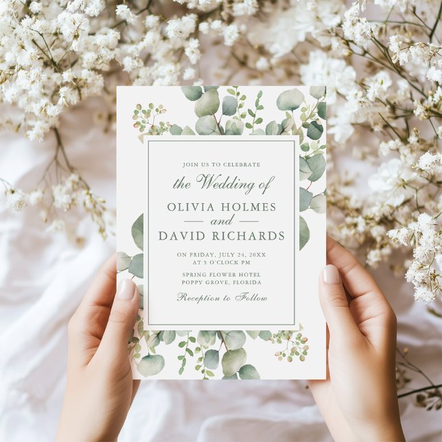 Elegant Greenery Eucalyptus Botanical Wedding Invitation (Elegant Greenery Eucalyptus Botanical Wedding Invitation in hands next to tiny white flowers.)
