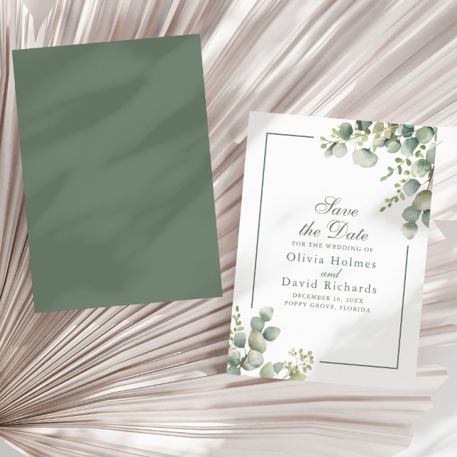 Elegant Greenery Eucalyptus Botanical Wedding Save The Date (Elegant Greenery Eucalyptus Botanical Wedding Save The Date on a sunny neutral dry palm leaf.)