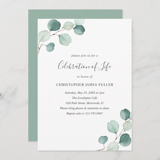Elegant Greenery Eucalyptus Celebration of Life Invitation (Front/Back)