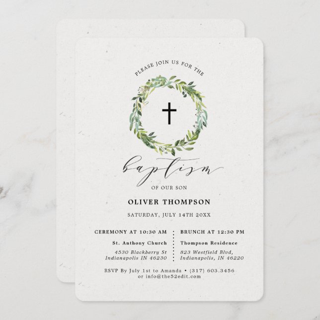 Elegant Greenery Eucalyptus Foliage Baptism Invitation (Front/Back)