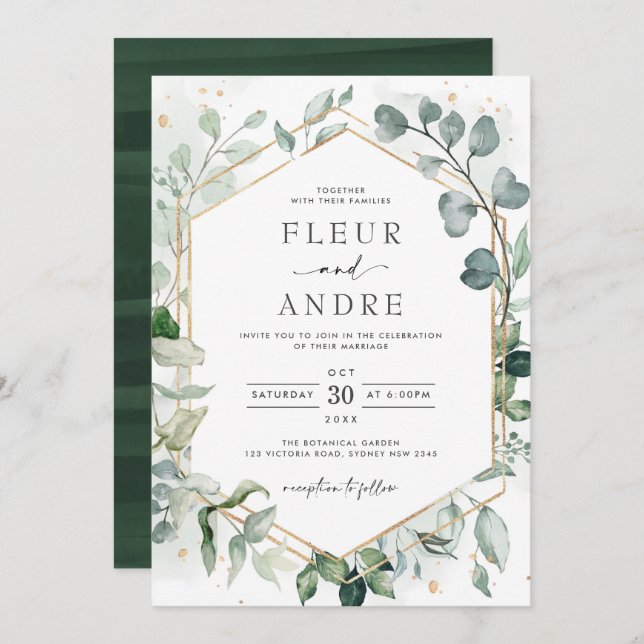 Elegant Greenery Eucalyptus Geometric Gold Wedding Invitation (Front/Back)