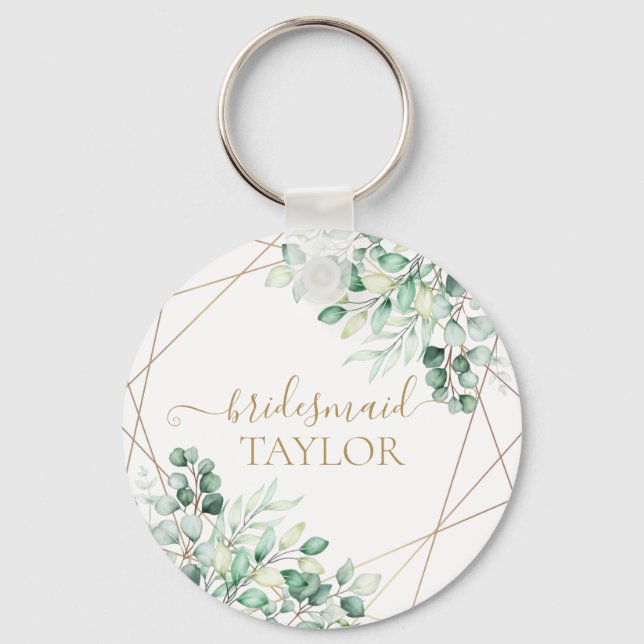 Elegant Greenery Eucalyptus Gold Bridesmaid Key Ring (Front)