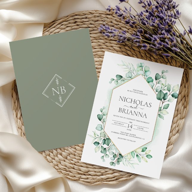 Elegant Greenery Eucalyptus Gold Rustic Wedding Invitation (Creator Uploaded)