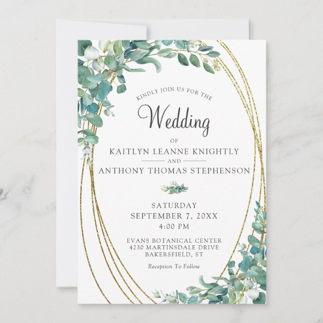 Elegant Greenery Eucalyptus Gold Wedding Invitation (Front)