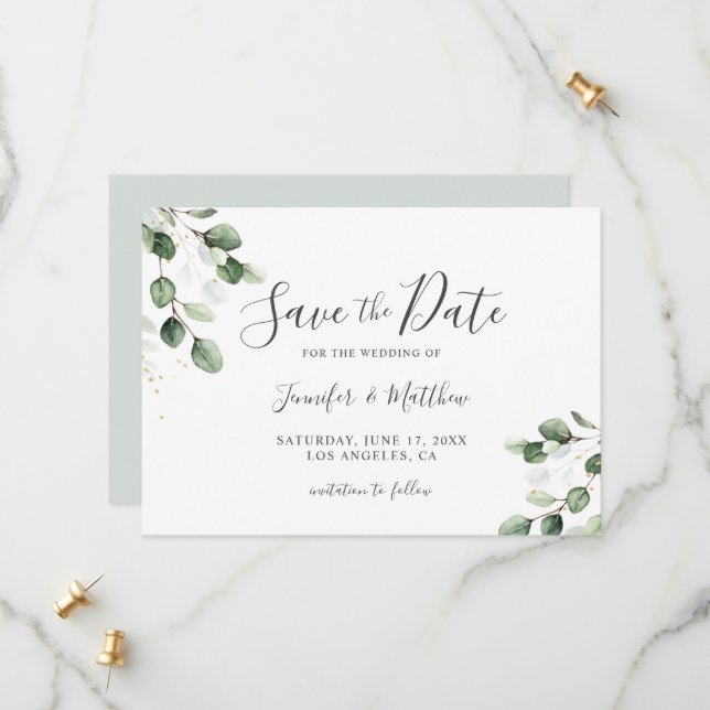 Elegant Greenery Eucalyptus Gold Wedding  Save The Date (Front/Back In Situ)