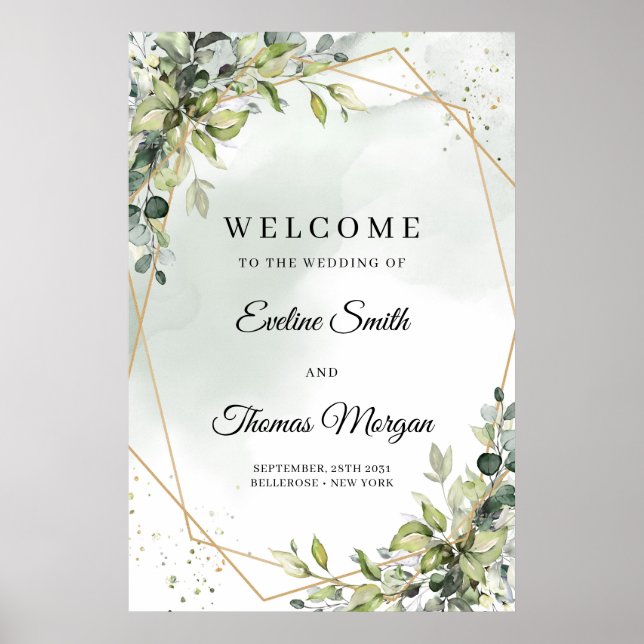 Elegant greenery eucalyptus gold wedding welcome poster (Front)