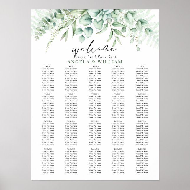 Elegant Greenery Eucalyptus Leaves Wedding seating Poster (Front)