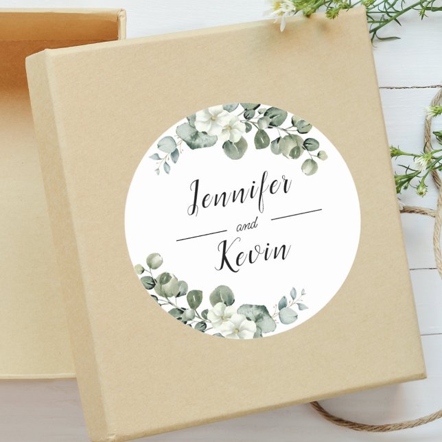 Elegant Greenery Eucalyptus Personalised Wedding  Classic Round Sticker (Creator Uploaded)