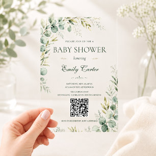 Elegant Greenery Eucalyptus QR Code Baby Shower Acrylic Invitations