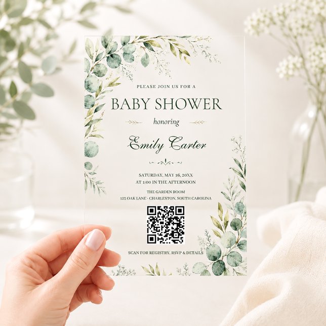 Elegant Greenery Eucalyptus QR Code Baby Shower Acrylic Invitations (Creator Uploaded)
