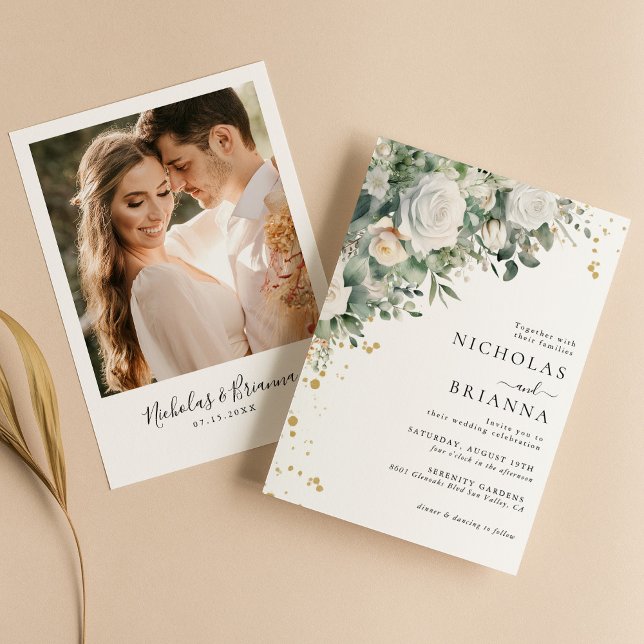 Elegant Greenery Eucalyptus Rose Photo Wedding Invitation (Creator Uploaded)