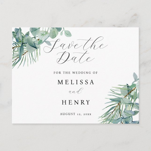 Elegant Greenery Eucalyptus Save the Date Postcard (Front)