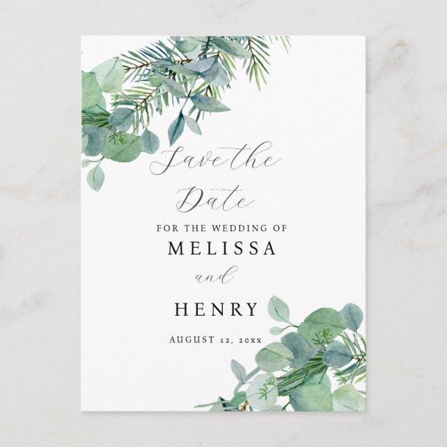 Elegant Greenery Eucalyptus Save the Date Postcard (Front)