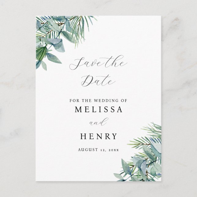 Elegant Greenery Eucalyptus Save the Date Postcard (Front)
