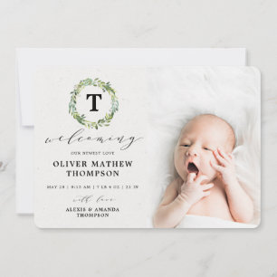 Elegant Greenery Eucalyptus Watercolor Photo Birth Announcement