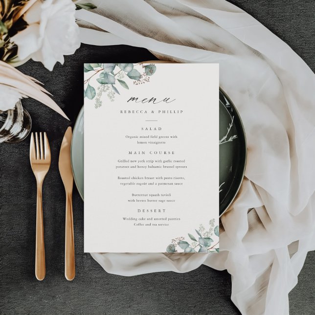 Elegant Greenery Eucalyptus Watercolor Wedding Menu (Elegant Eucalyptus Greenery Wedding Dinner Menus.)
