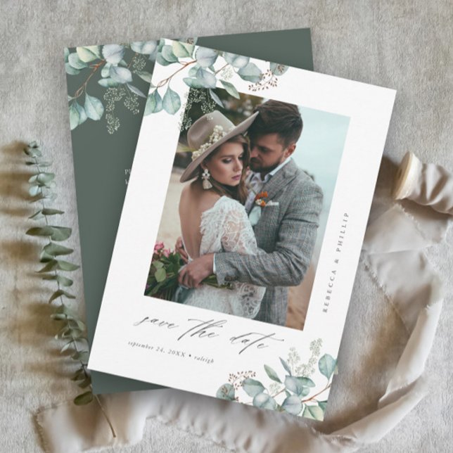 Elegant Greenery Eucalyptus Wedding Photo QR Code  Save The Date (Elegant Eucalyptus Greenery Photo Wedding Save the Dates with QR code.)