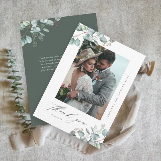 Elegant Greenery Eucalyptus Wedding Photo Thank You Card (Elegant eucalyptus wedding photo thank you card with hand-painted greenery leaves and script type.)