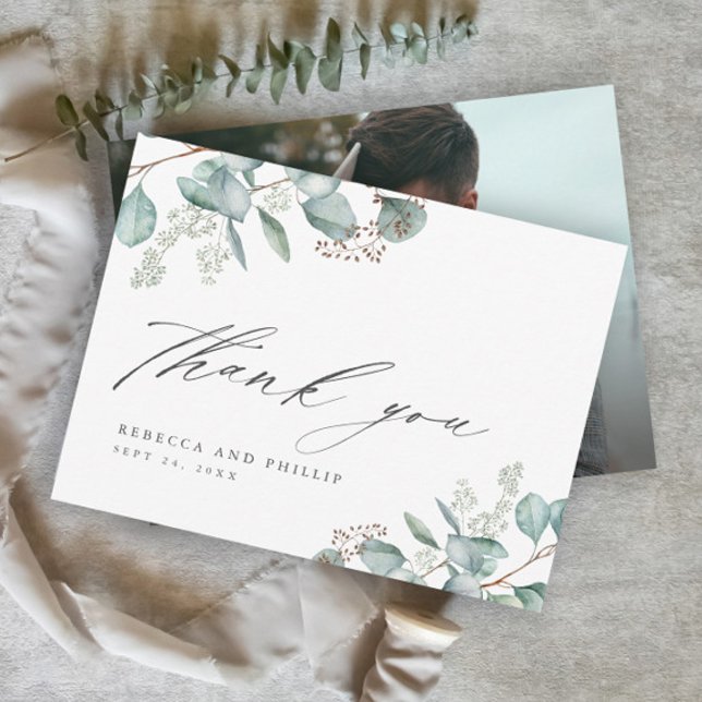 Elegant Greenery Eucalyptus Wedding Photo Thank You Card (Elegant Eucalyptus Greenery Wedding Photo Thank You Cards.)