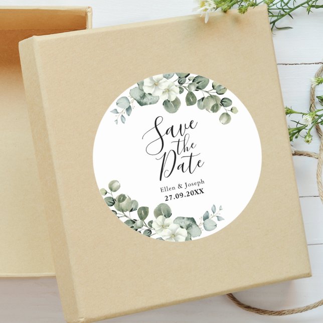 Elegant Greenery Eucalyptus Wedding Save The Date Classic Round Sticker (Creator Uploaded)