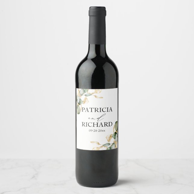 Elegant Greenery Eucalyptus Wedding Wine Label (Front)