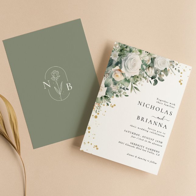 Elegant Greenery Eucalyptus White Rose Wedding Invitation (Creator Uploaded)