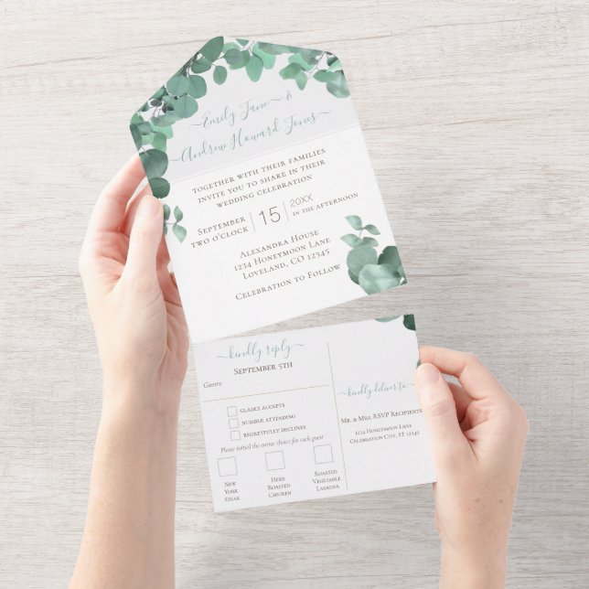 Elegant Greenery Eucalyptus Wreath Wedding All In One Invitation (Tearaway)