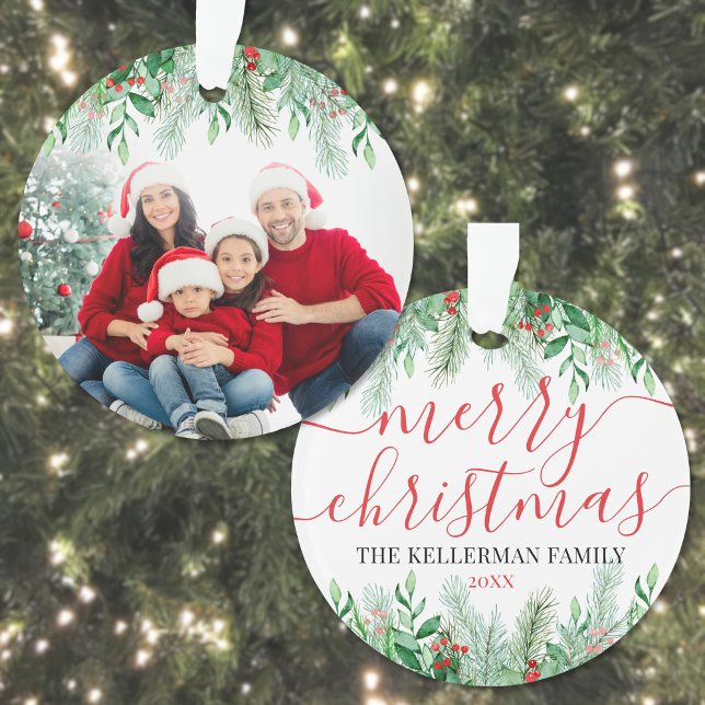 Elegant Greenery Family Photo Merry Christmas Ornament (Elegant Greenery Family Photo Merry Christmas Ornament)