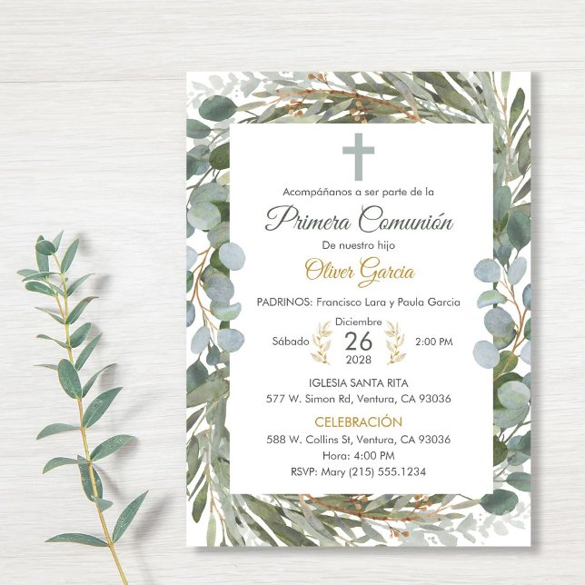 Elegant Greenery First Communion in Spanish Cute Invitation (Creator Uploaded)