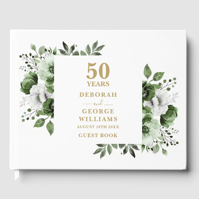 Elegant Greenery Floral 50th Wedding Anniversary  Guest Book (Front)