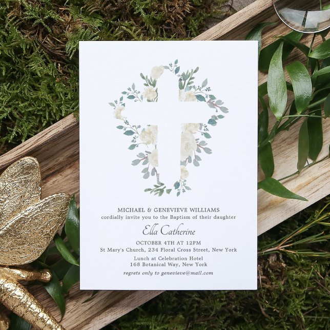 Elegant Greenery Floral Botanical Cross Baptism Invitation (Creator Uploaded)