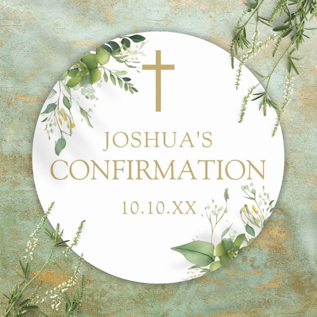 Elegant Greenery Floral Confirmation Favour Classic Round Sticker (Elegant Greenery Floral Confirmation Favor Classic Round Sticker)