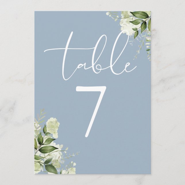 Elegant Greenery Floral Dusty Blue Table Number (Front)