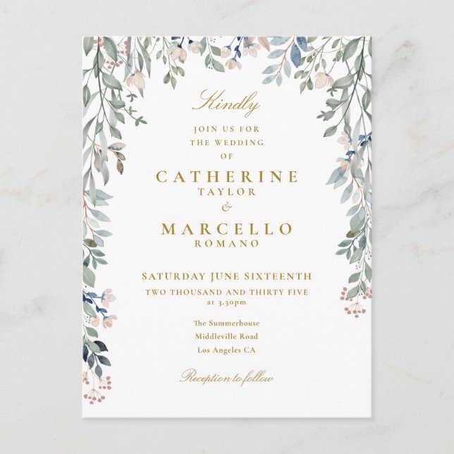 Elegant Greenery Floral Gold Typography Wedding Invitation Postcard (Front)